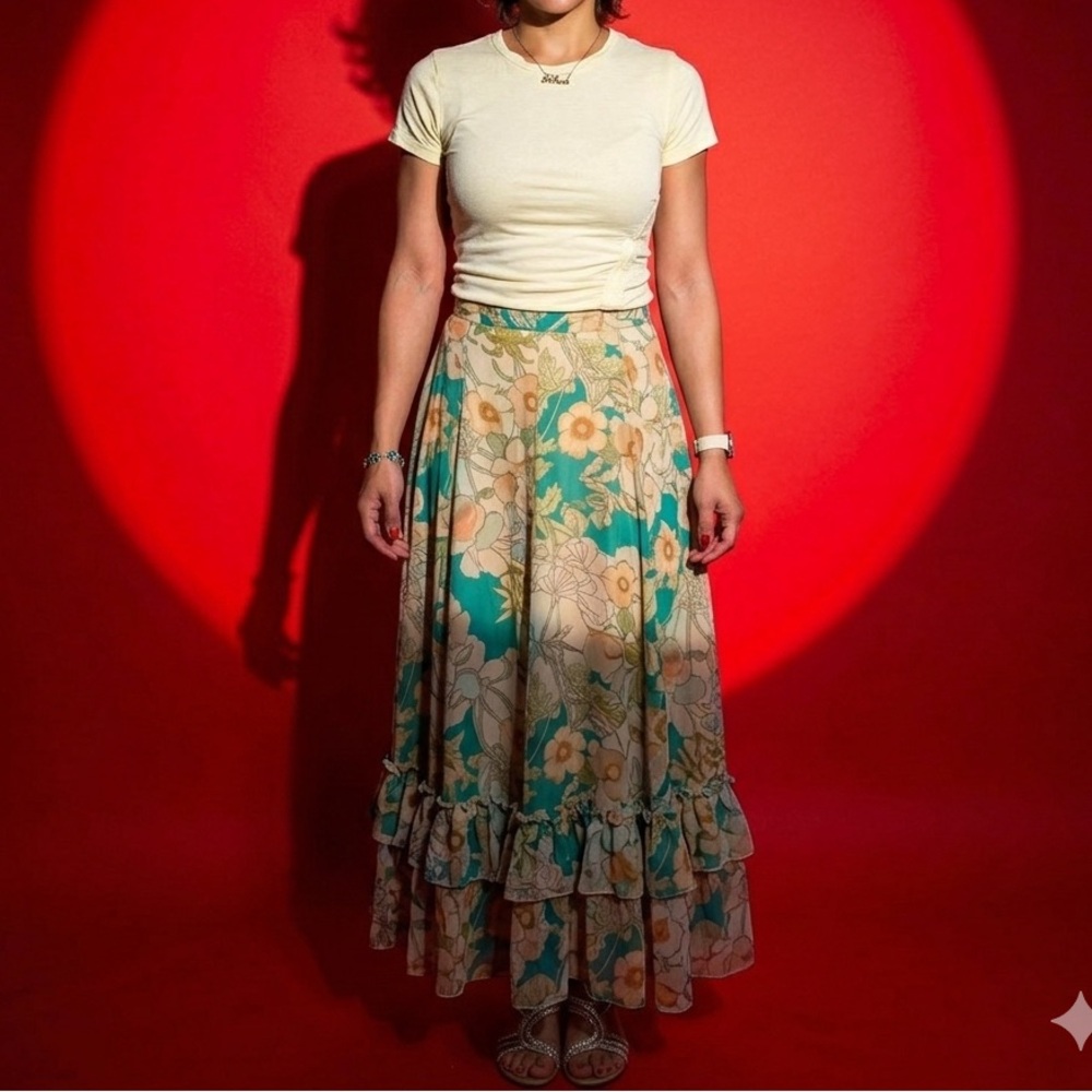 Floral Tiered Maxi Skirt in Teal and Cream
